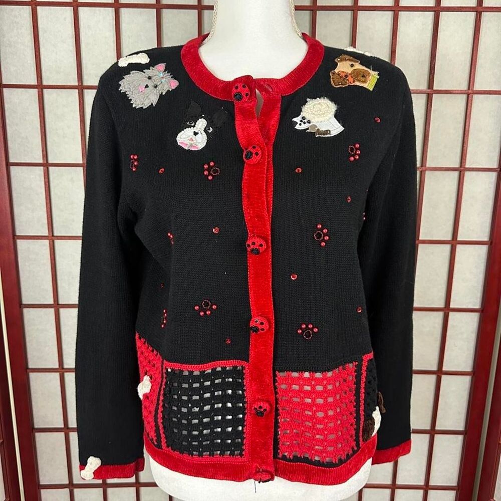 Vintage 90s Black Red Dog Embellished Funky Cardigan Sweater Medium